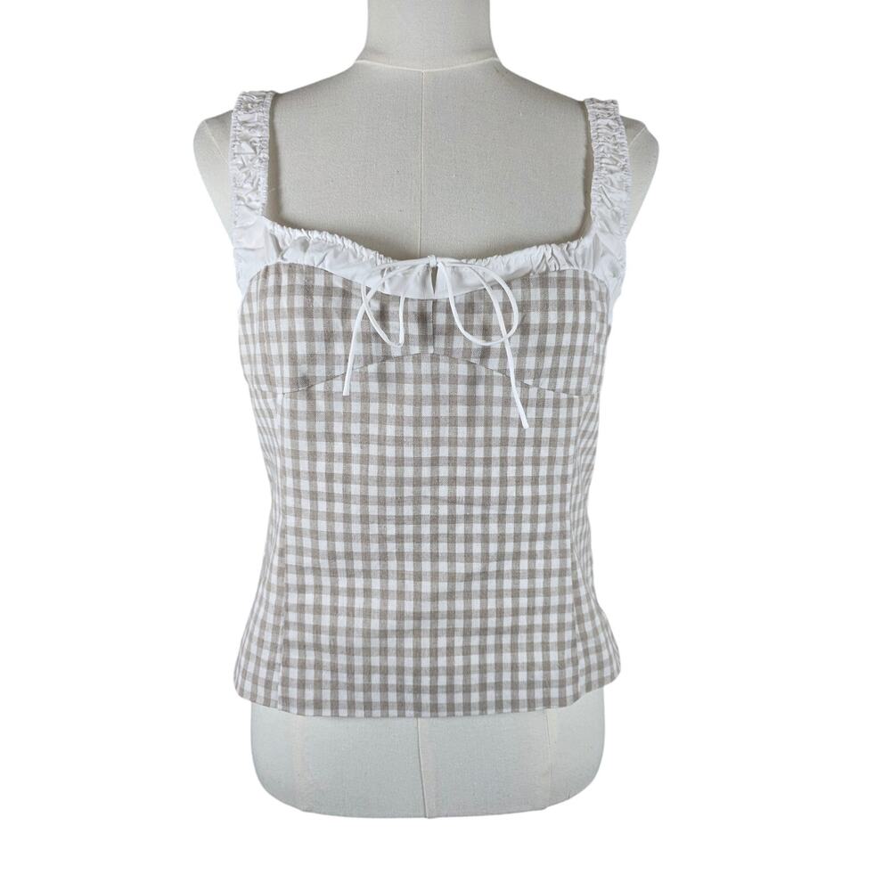 NWT M Elodie Taupe Gingham Cropped Tank Top w/Side‎ Zip